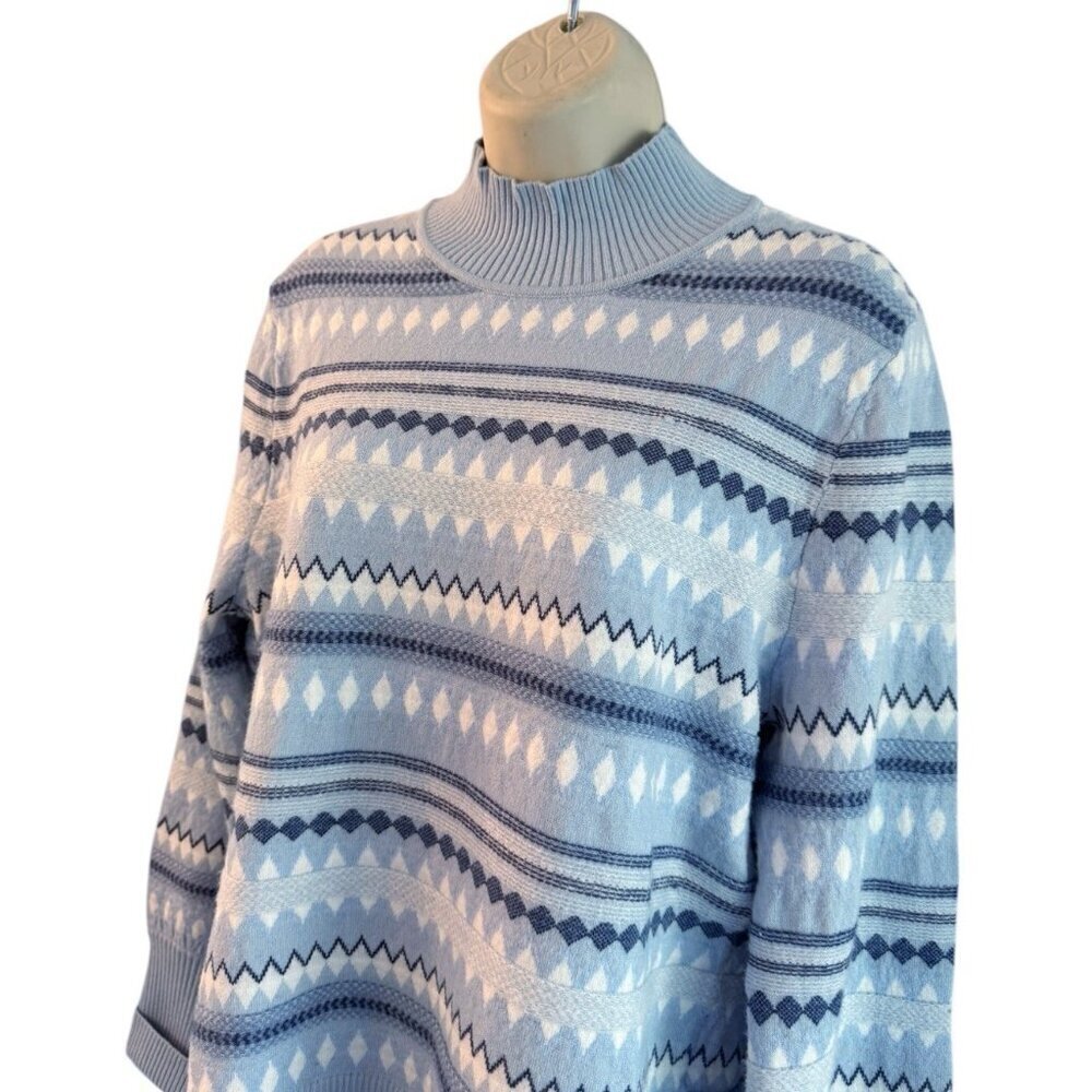Aspen Woman's Sz L Blue White Fair Isle Mock Neck Sweater Ski Winter Outdoor - Picture 3 of 7